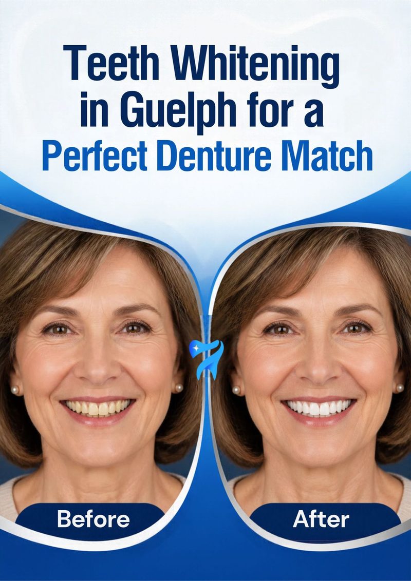 Teeth whitening in Guelph for a perfect denture match – before and after whitening illustration